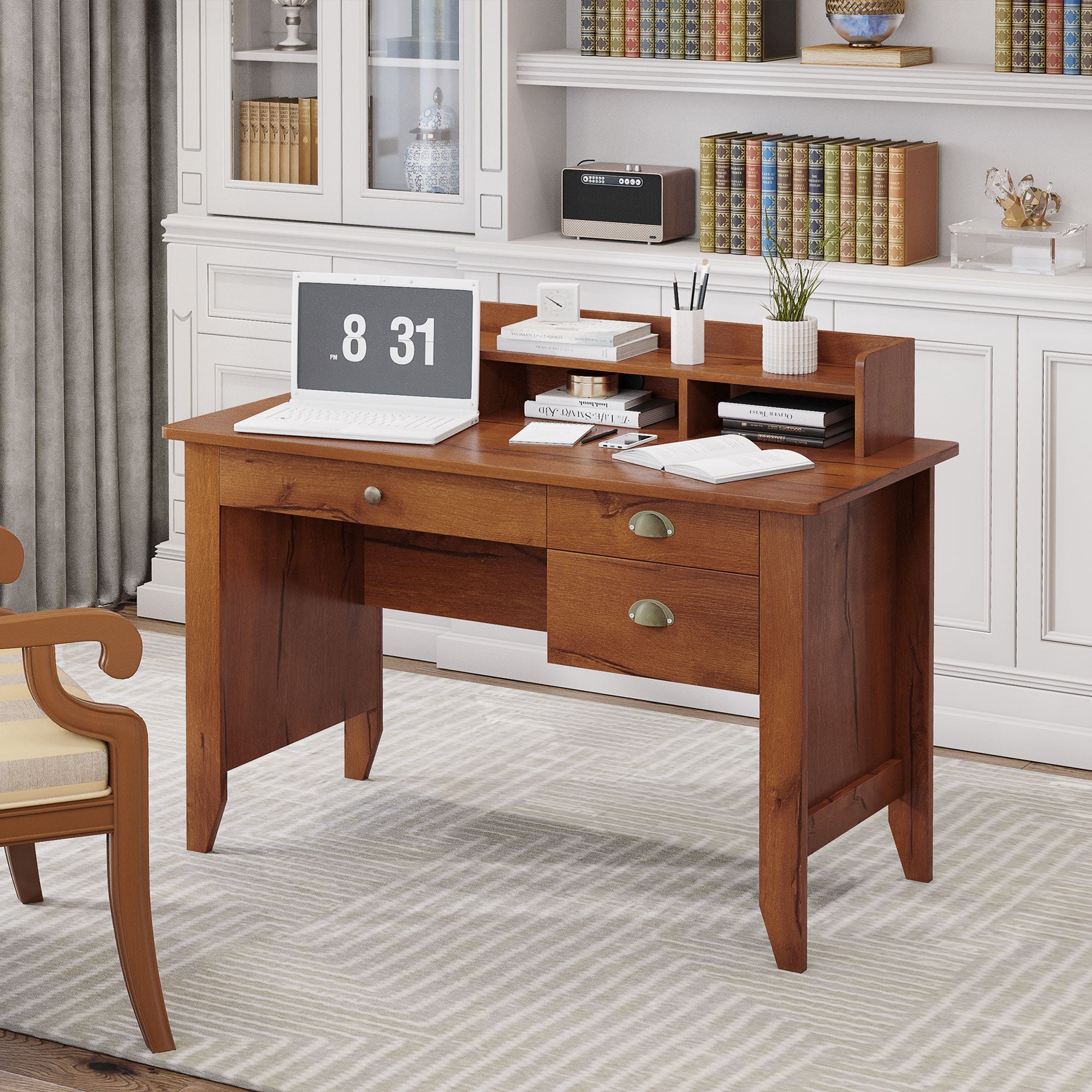 HOMCOM Home Office Desk with Hutch Storage Brown Writing Table with Drawers Shelf & Cable Management for Study Workstation