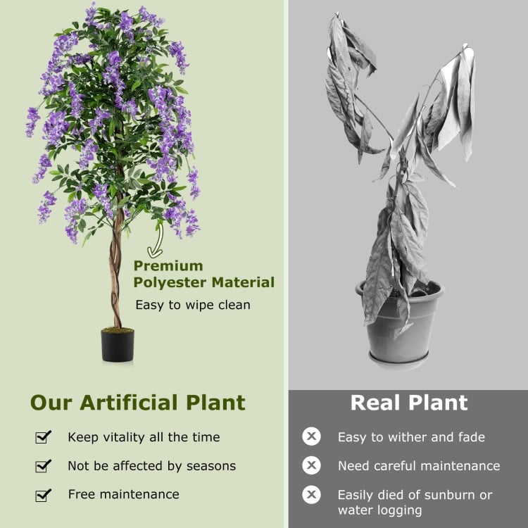 Fake Ficus Plant 6 FT Artificial Wisteria Tree with Natural Trunks and Purple Lifelike Flowers
