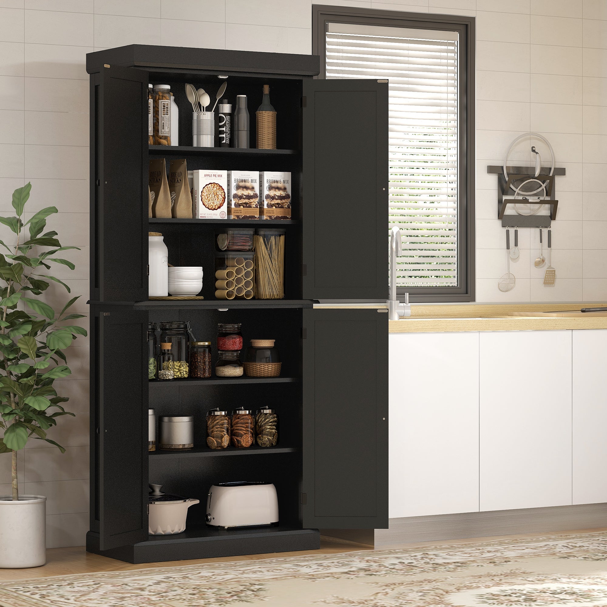 HOMCOM Black Modern Pantry Cabinet: Freestanding 4-Door Kitchen Storage Organizer with 6-Tier and 4 Adjustable Shelves