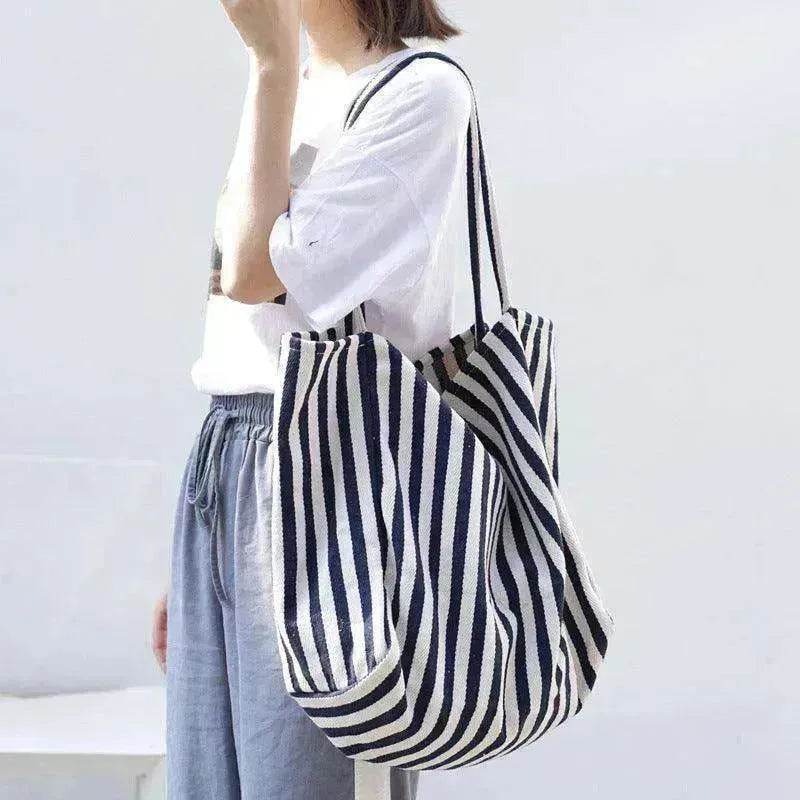 Fashion Shopper Handbags Women Striped Canvas Totes