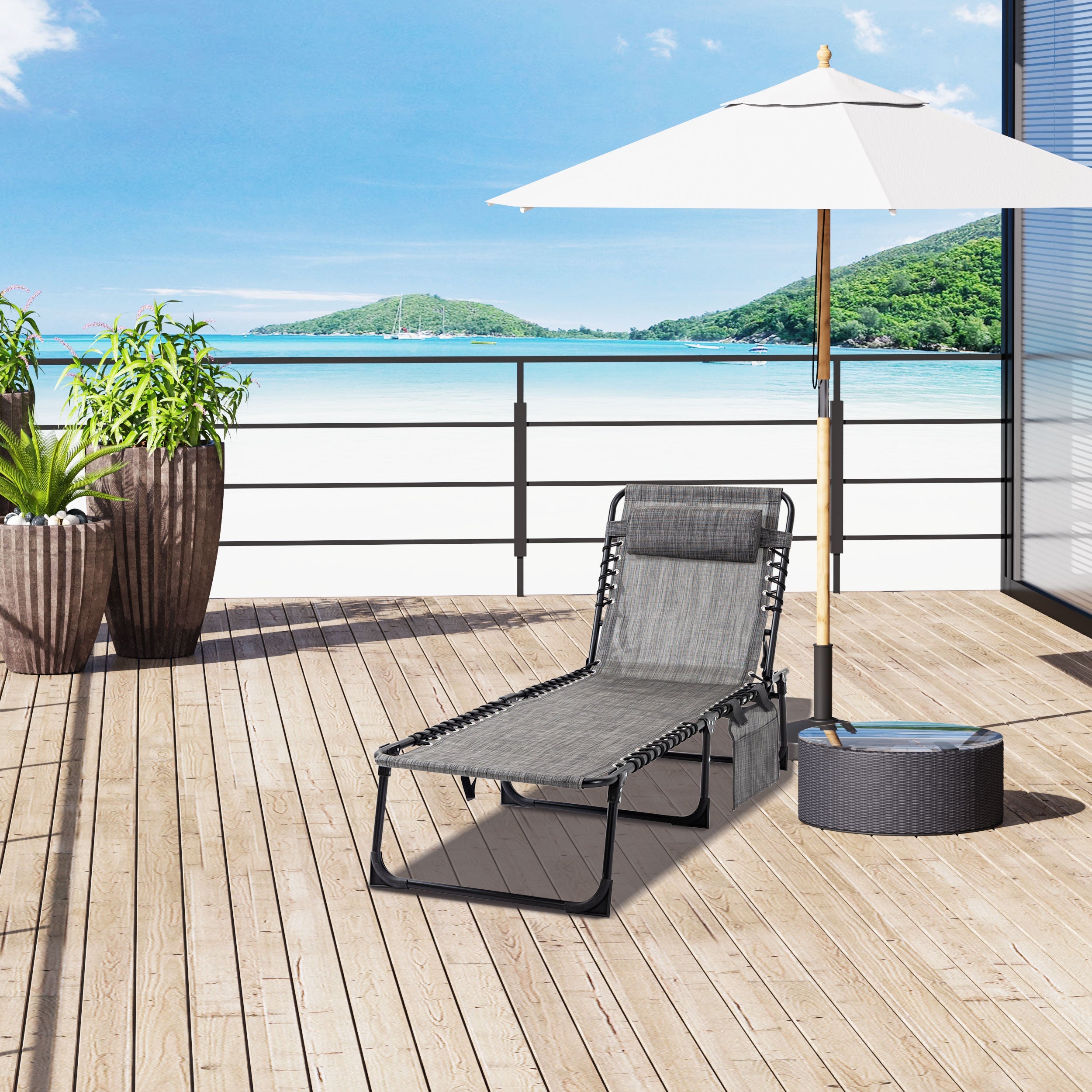 Outsunny Outdoor Folding Chaise Lounge, Reclining Lounge Chair with Adjustable Backrest and Removable Pillow, Mixed Grey