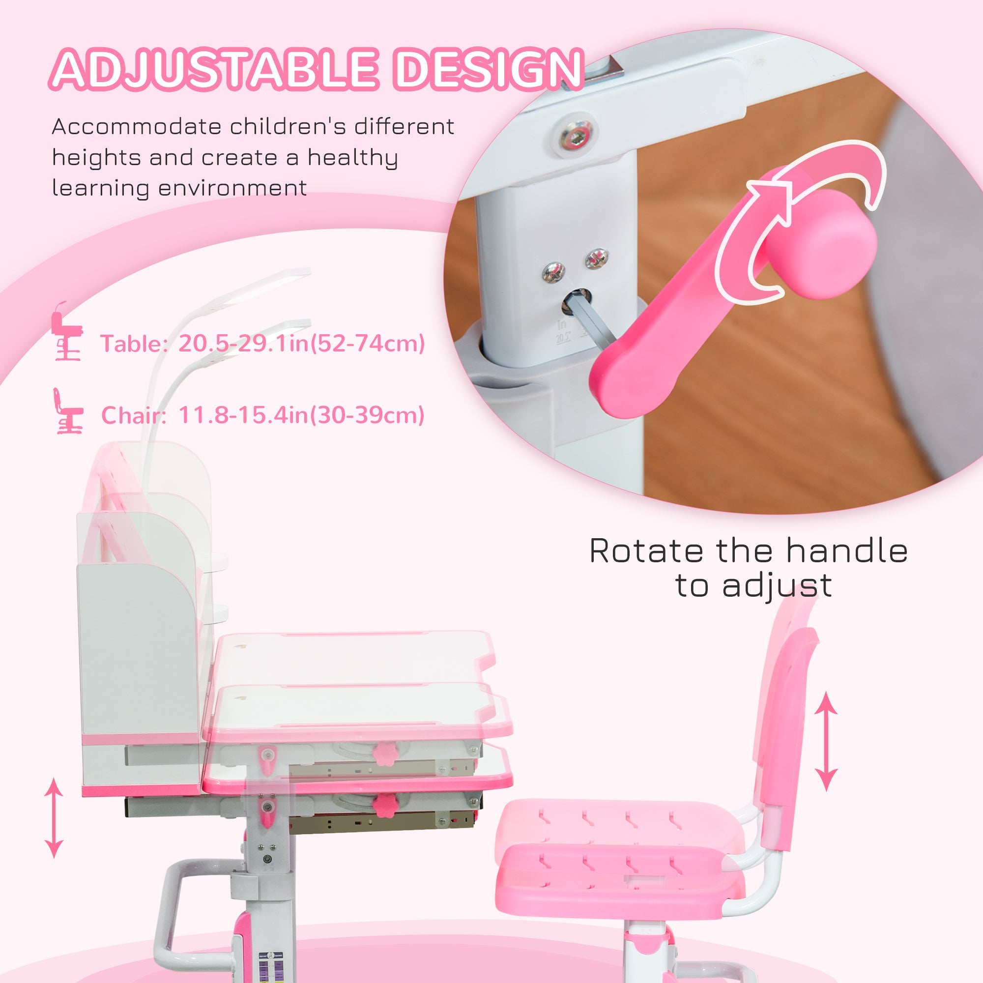 Qaba Kids Adjustable Desk and Chair Set with LED Light Bookshelf Drawer for Student Study Pink