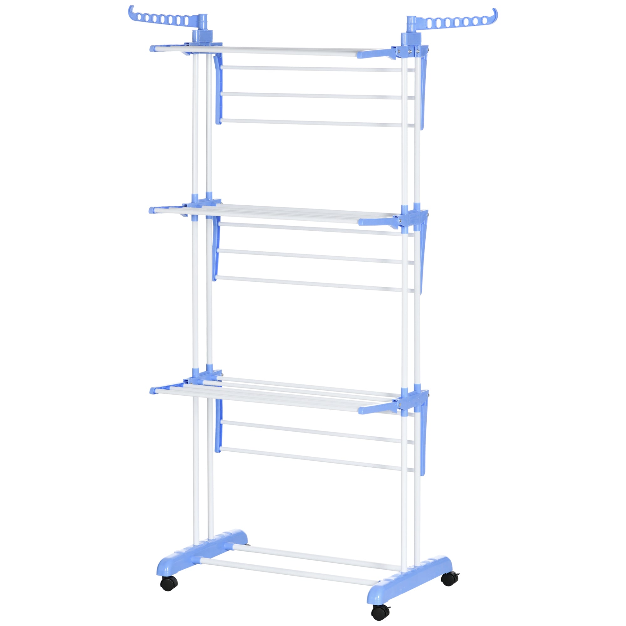 HOMCOM Foldable Clothes Drying Rack, 4-Tier Steel Laundry Racks for Drying Clothes with 2 Side Wings and 4 Castors,  Blue