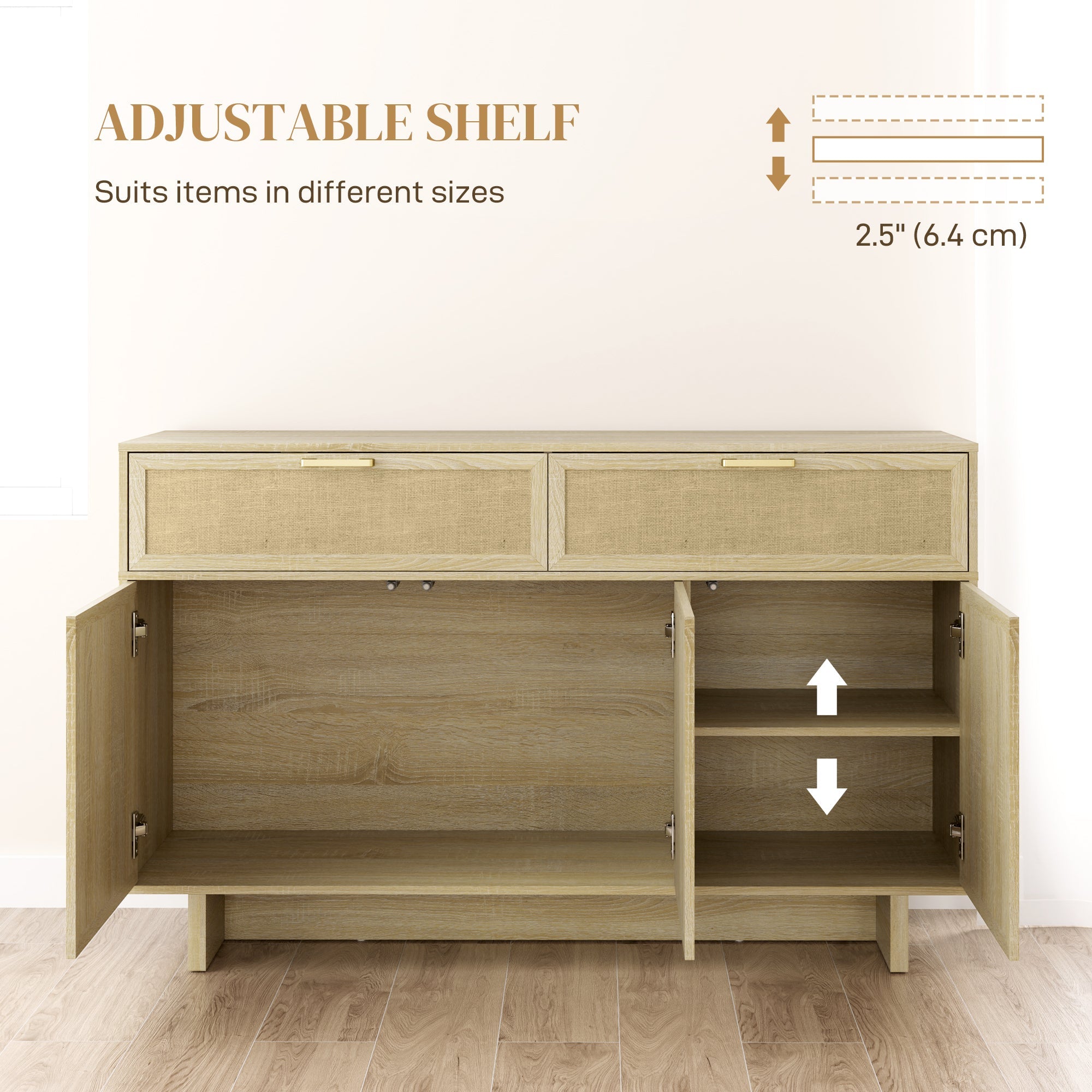 HOMCOM Boho Kitchen Sideboard Buffet Cabinet with Hinge Doors, Drawers and Adjustable Shelf for Living Room, Natural Wood