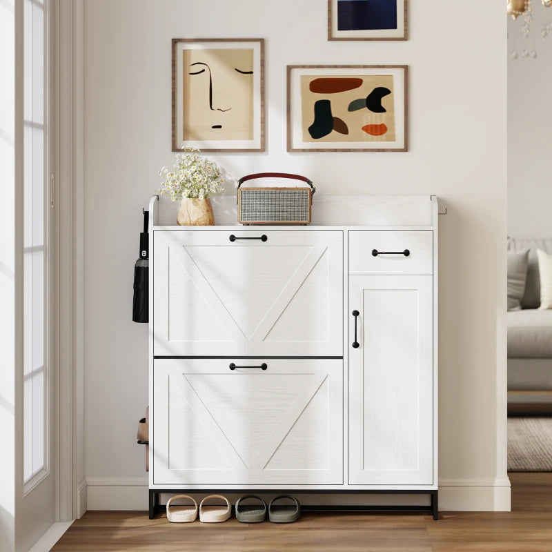 Farmhouse Shoe Storage Cabinet with Side Cabinet and Adjustable Shelves for Entryway, Hallway, Holds 12 Pairs, White
