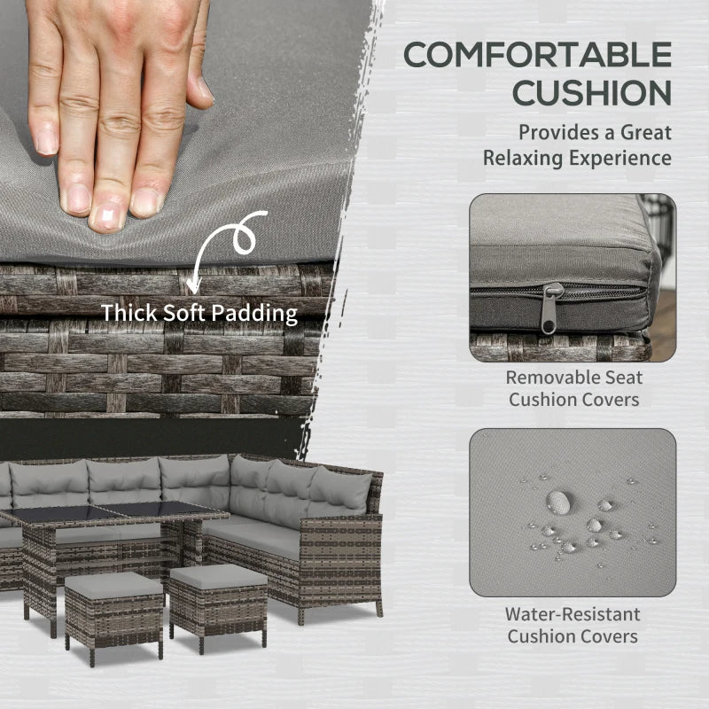 Outsunny 6pcs Outdoor Rattan Sofa Set Garden Wicker Sectional Couch Furniture Set with Dining Table and Chair Grey