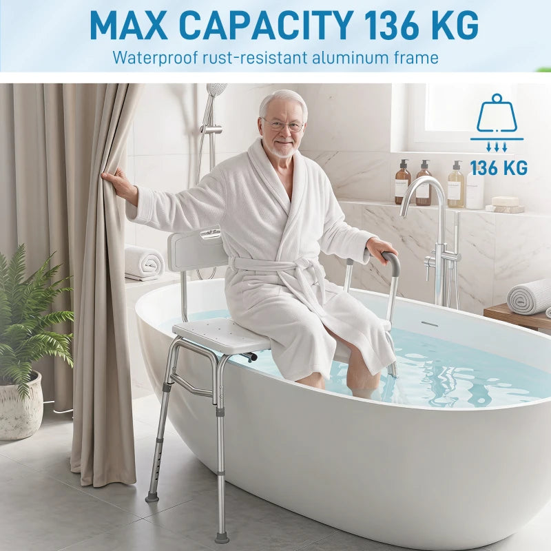 Tub Transfer Bench & Shower Chair with Adjustable Height, Armrest & Backrest – White