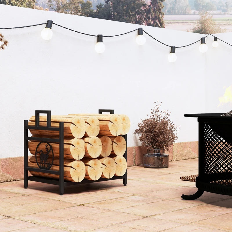 Decorative Firewood Rack Outdoor Indoor Steel Wood Storage Log Holder with Side Handles, 19.7" x 13.4" x 17.7", Black