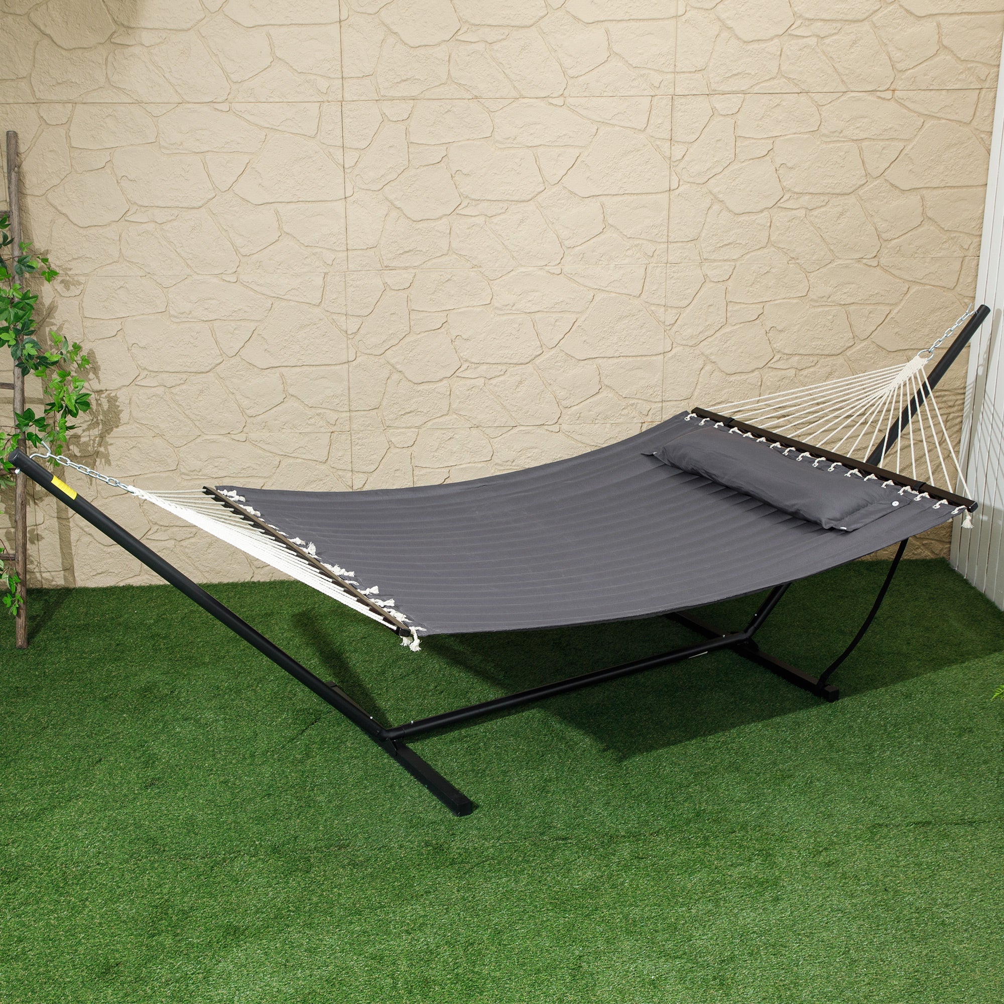 Outsunny 2 Person Hammock Quilted Double Hammock with Stand Pillow Spreader Bars for Outdoor Camping Beach, Dark Grey