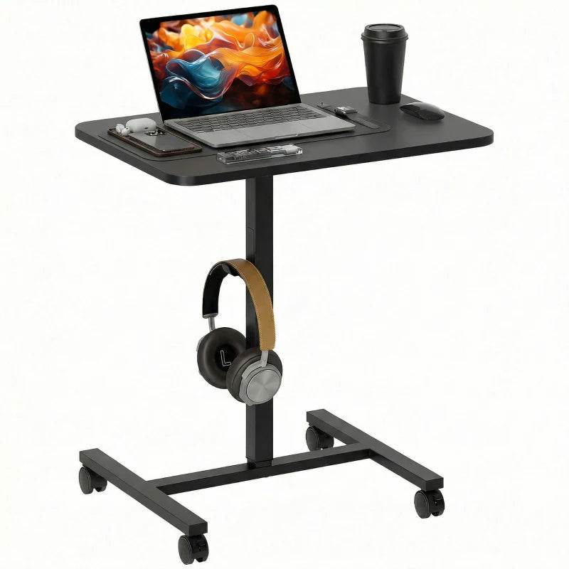 Height Adjustable Standing Desk, Pneumatic Sit Stand Desk with Wheels and Headphone Hook, Black Wood Grain