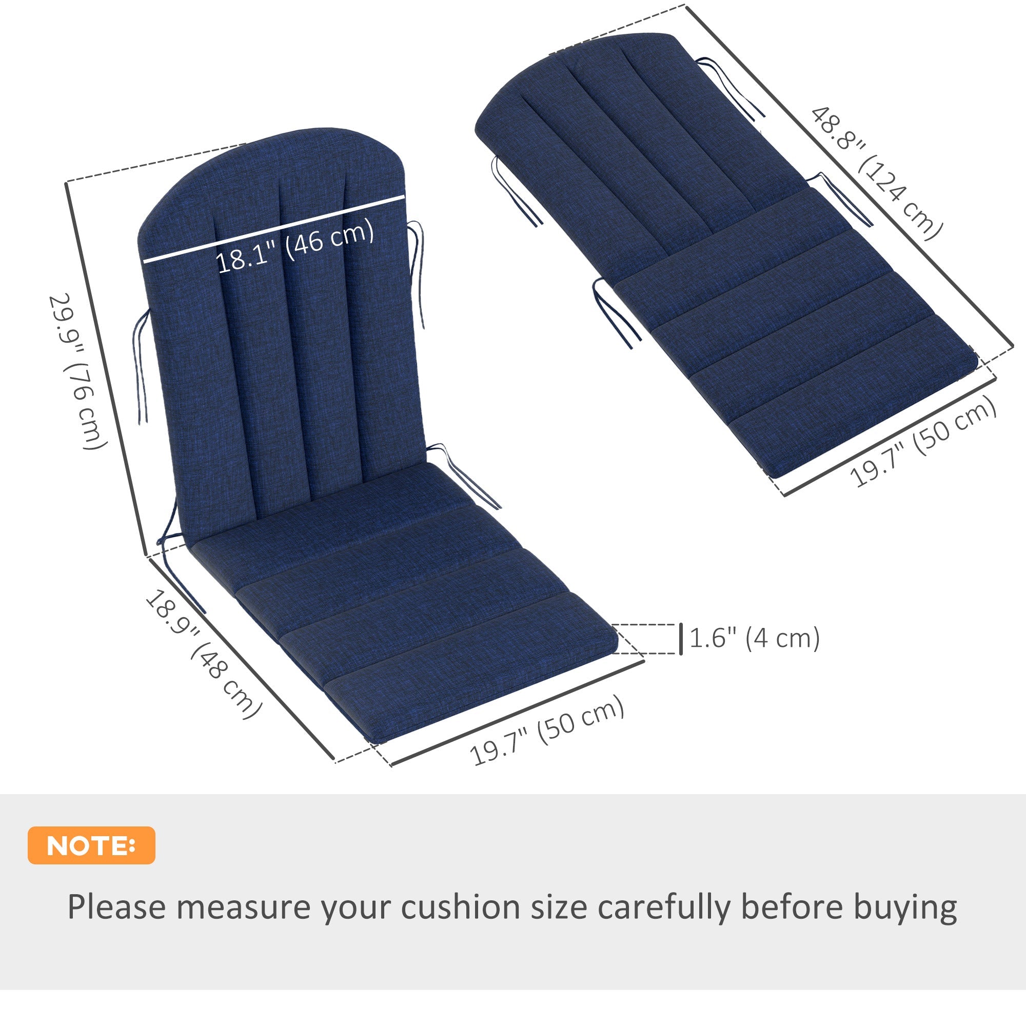 Outsunny Set of 2 Patio Chair Cushions, High Back Adirondack Chair Cushion with Ties, High-Density Foam, Navy Blue