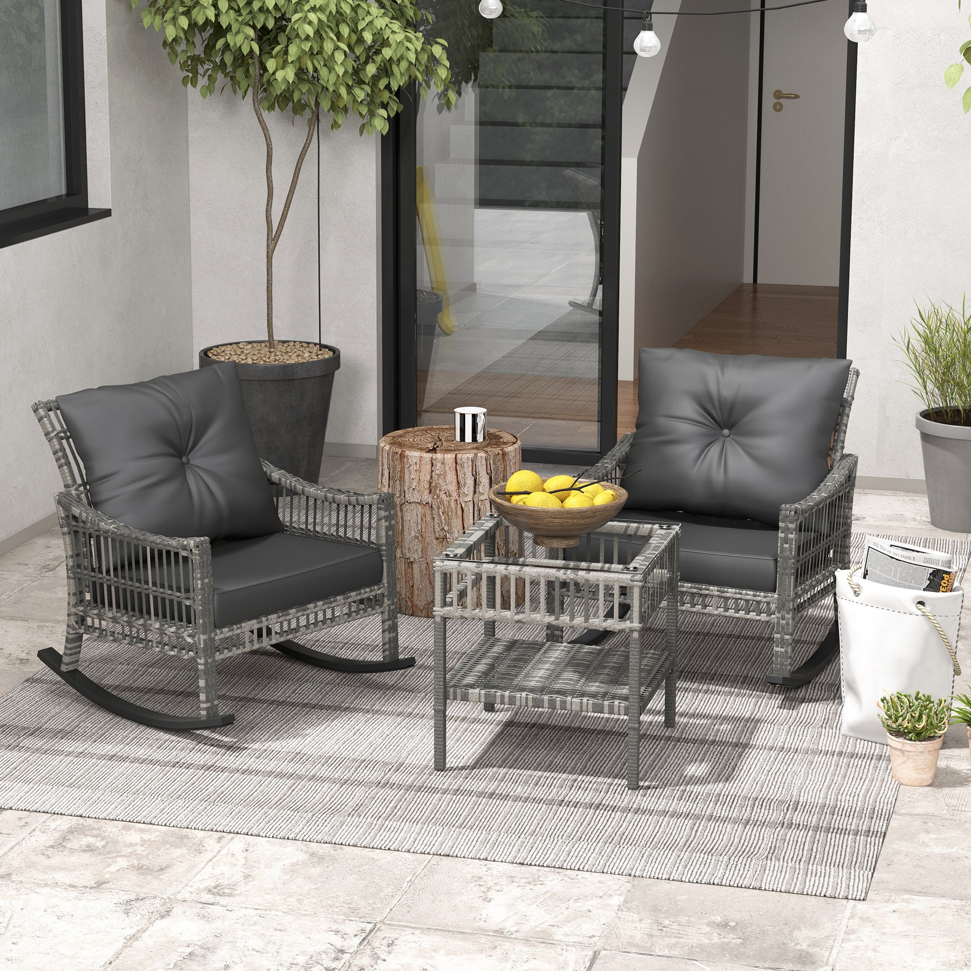 Outsunny Rocker Chair Set 3PC Outdoor PE Rattan Rocking Chair with Tempered Glass Table Top Mixed Grey
