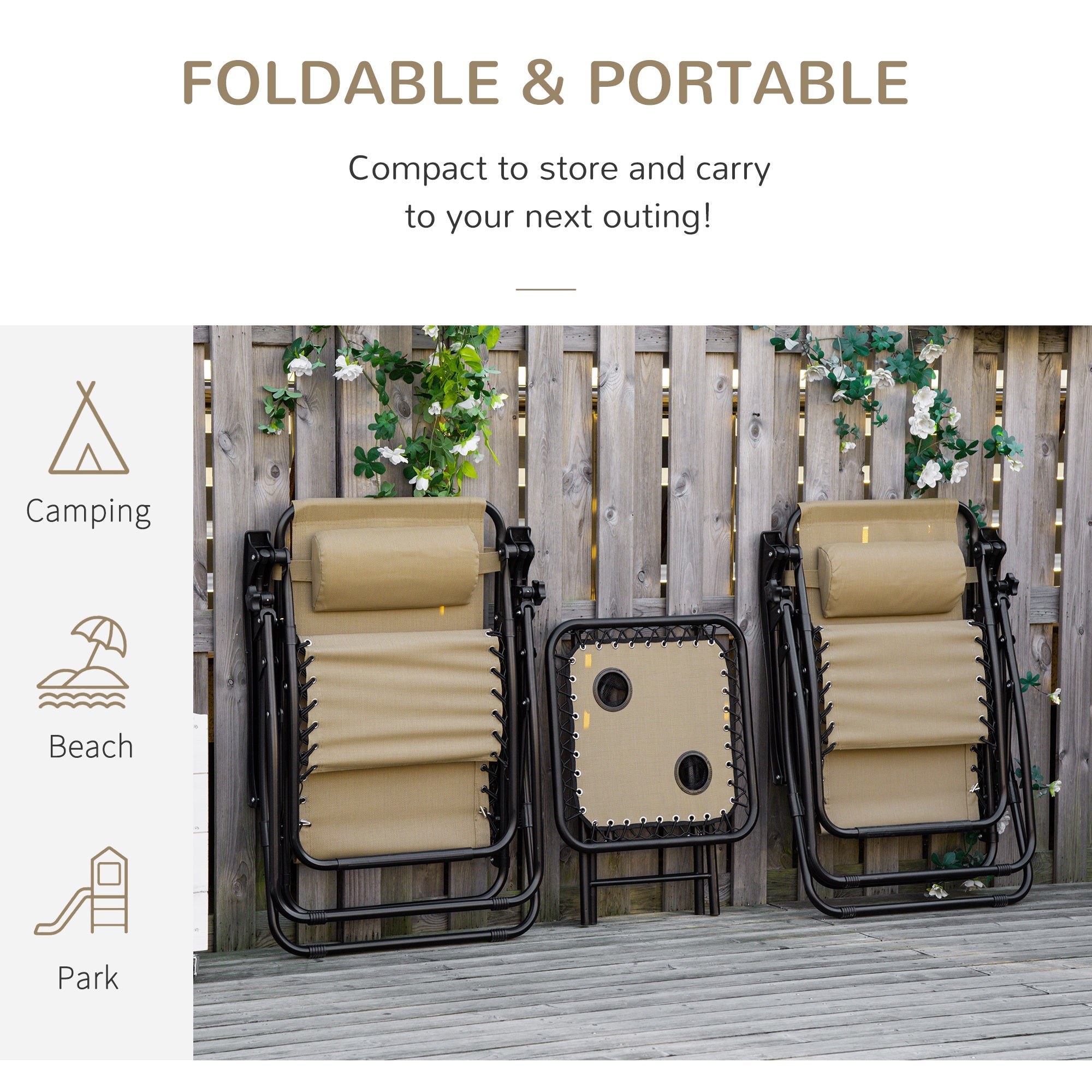 Outsunny Zero Gravity Chair Set of 2 Patio Chair with Side Table Cupholders and Pillows for Pool, Backyard, Lawn, Beige