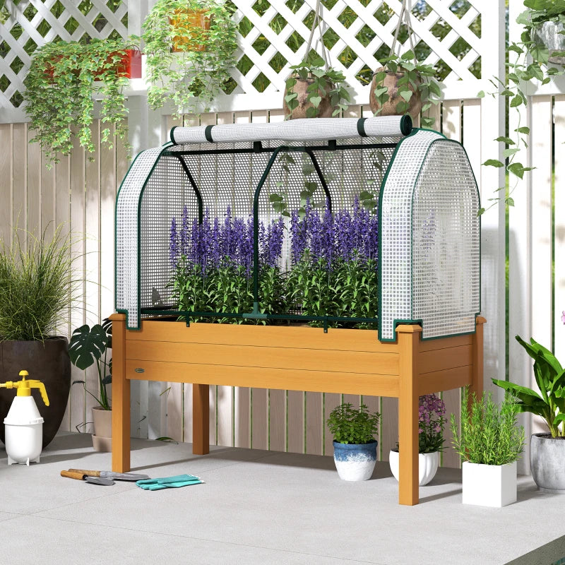 Raised Garden Bed with PE Greenhouse Cover Outdoor Elevated Wood Planter Box for Herbs and Vegetables Sand