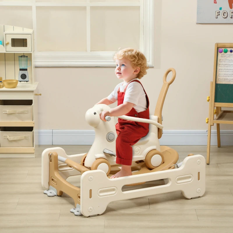 Qaba 5 in 1 Rocking Horse for Toddlers 1-6 Years with Balance Board, Push Handle, 4 Smooth Wheels, Brown