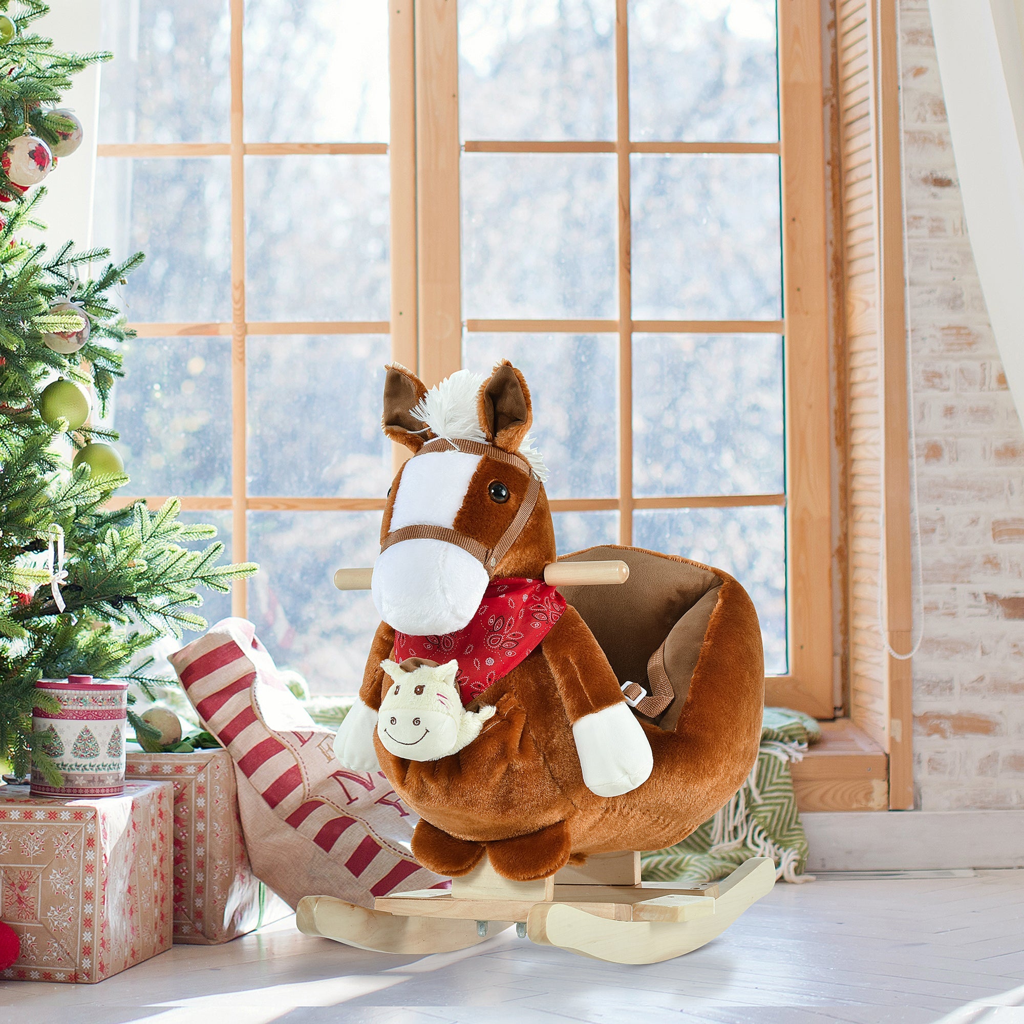 Qaba Kids Ride On Rocking Horse with Cradlesong Handle Grip Hand Puppet Traditional Toy Gift for Children 18-36 Months Brown