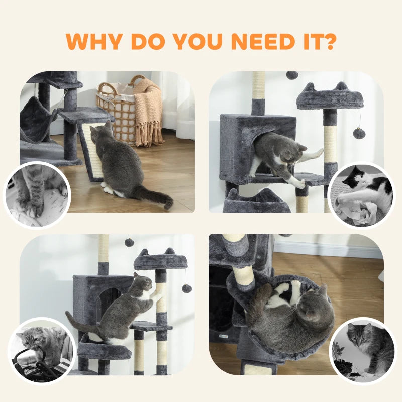 76" Large Cat Tree for Indoor Cats with 8 Scratching Posts, 3 Plush Beds, 2 Hammocks, 2 Large Condos, Ramp, Dark Grey