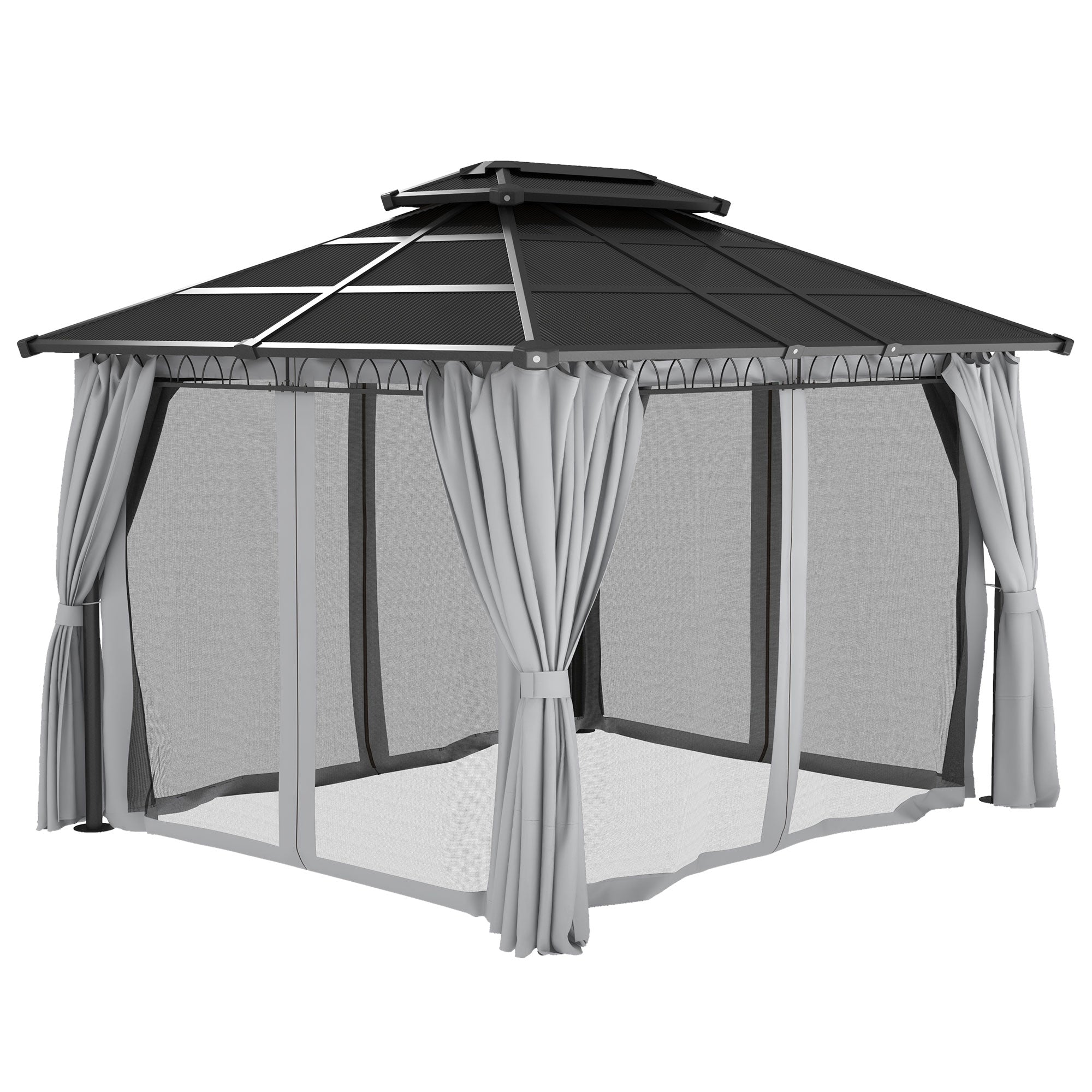 Outsunny Outdoor Hardtop Gazebo: 10'x12' Double PC Roof with Steel Frame, Nettings & Curtains, Grey