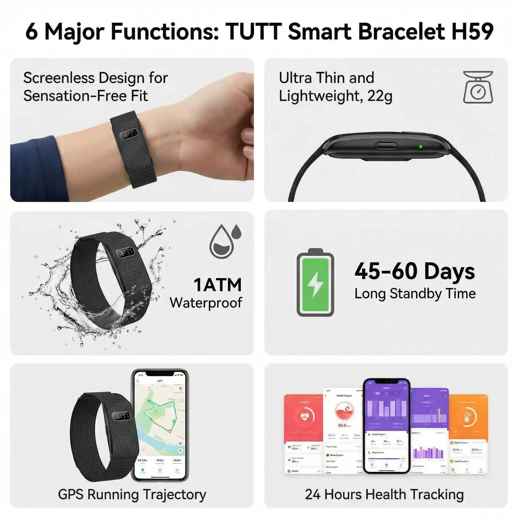 TUTT Smart Bracelet | Health and Fitness Tracker | GPS Activity Tracker | Android & iOS H59 MAX LIGE