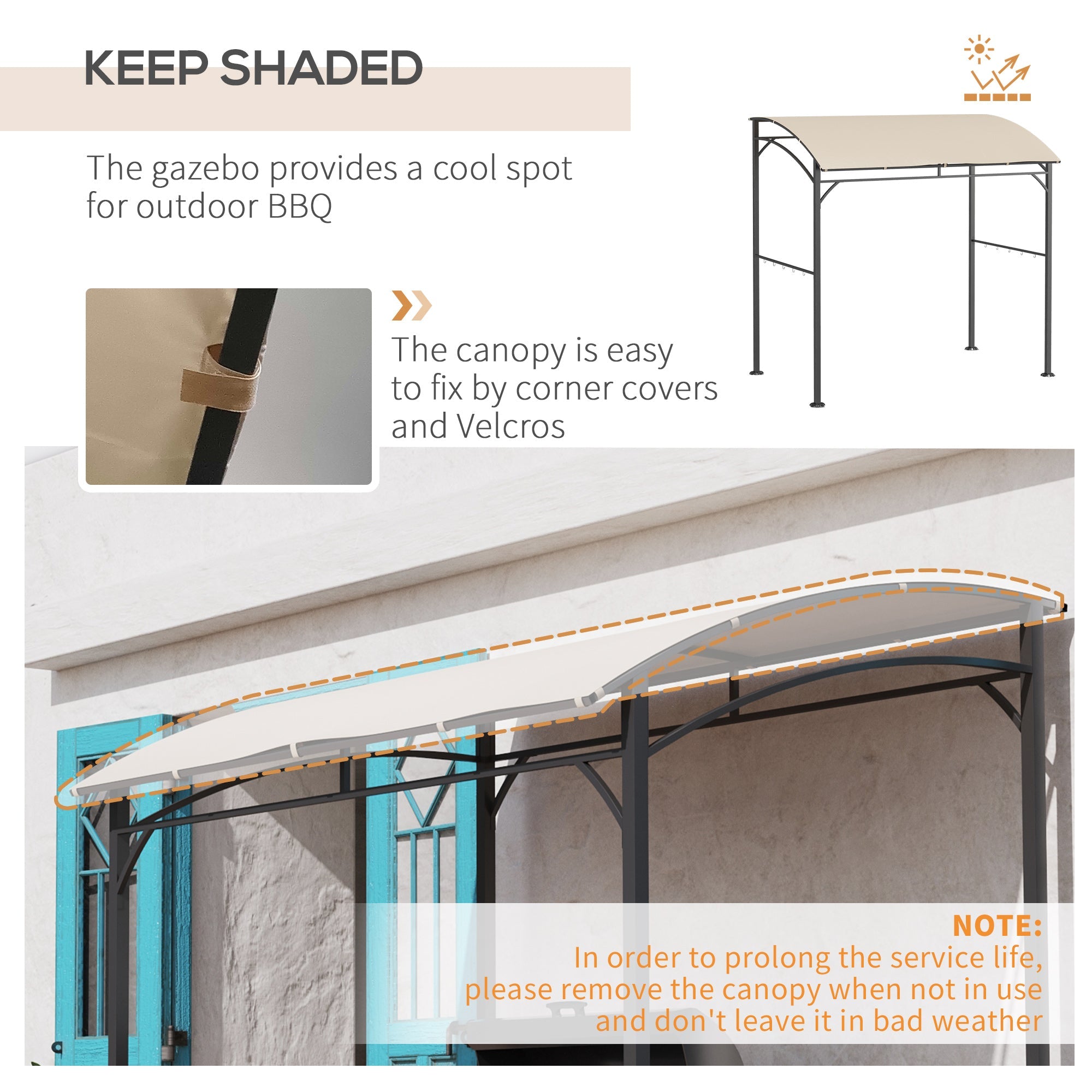 Outsunny BBQ Grill Gazebo 7x5 ft Steel Frame Garden Canopy Tent Beige with Hooks Outdoor Sun Shade