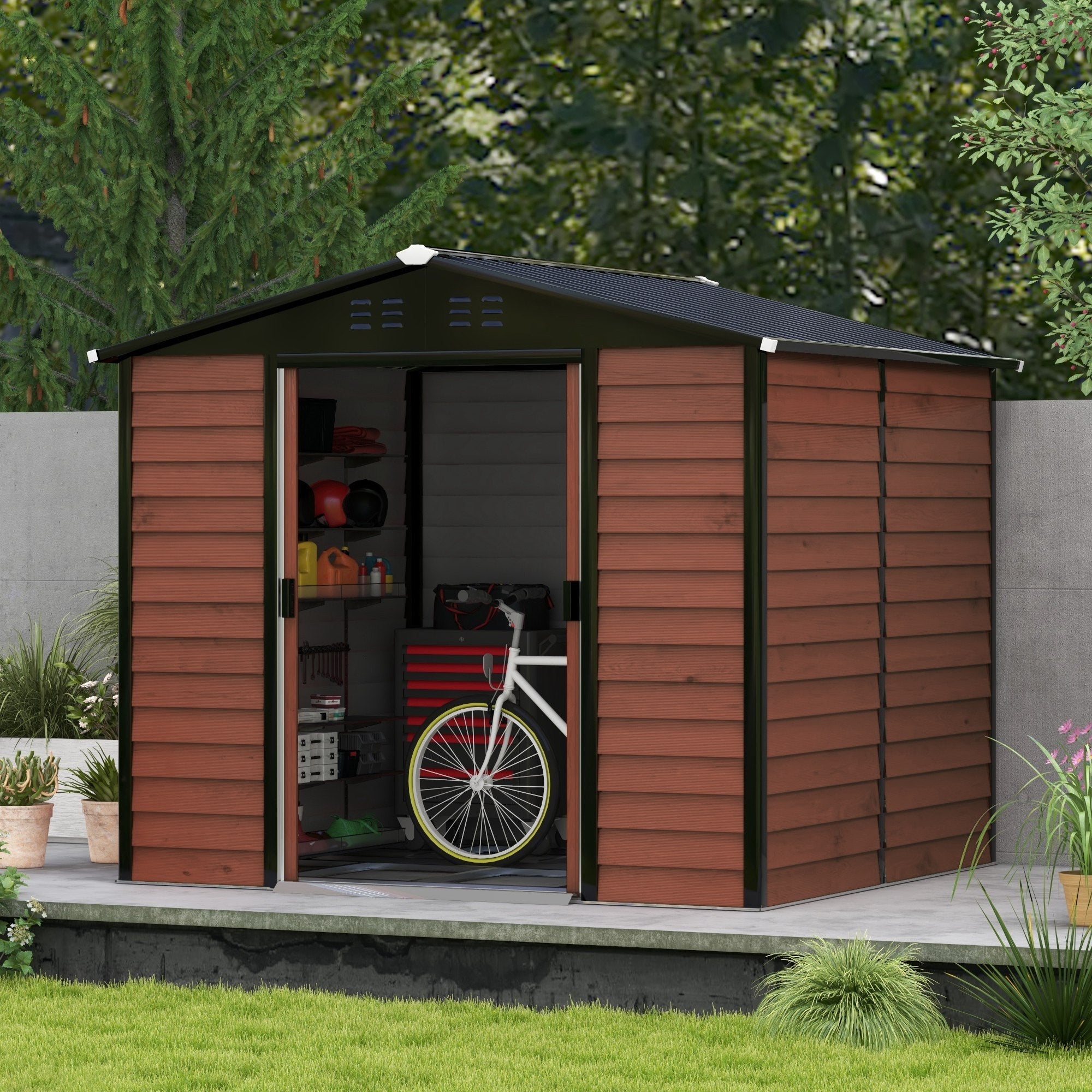 Outsunny Metal Outdoor Storage Shed 8x7ft Galvanized Steel Garden Tool Shed with Floor Frame Vents Waterproof Teak