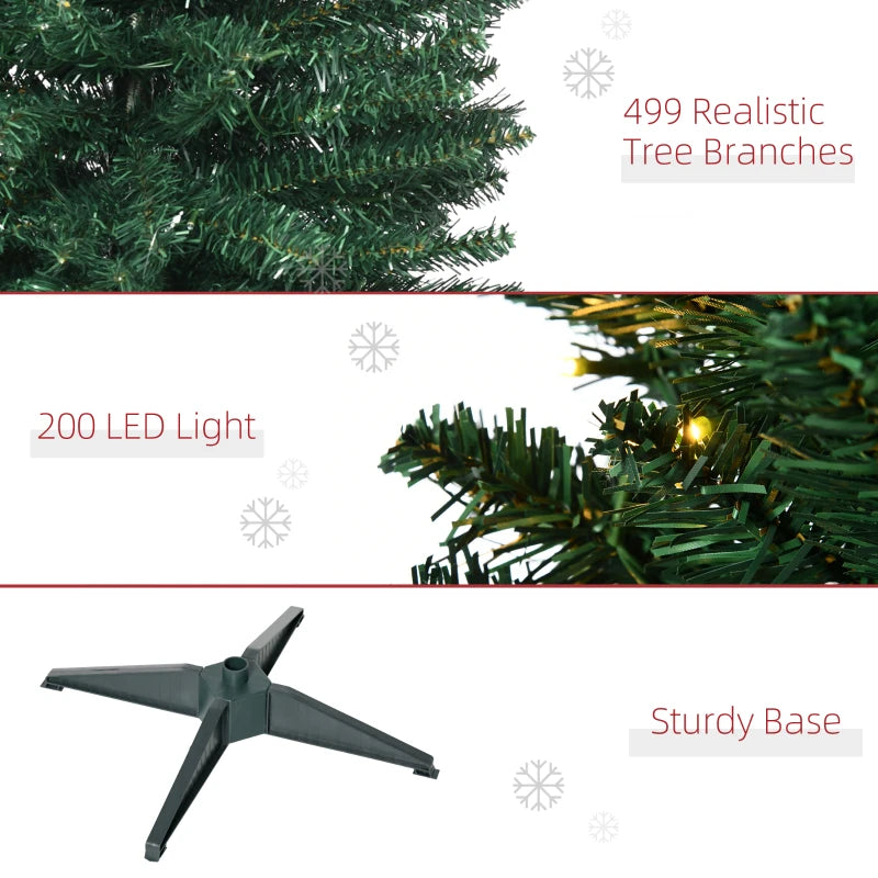 HOMCOM 7' Tall Pre-Lit Slim Noble Fir Artificial Pencil Christmas Tree with 200 Warm White LED Lights and 499 Tips, Green