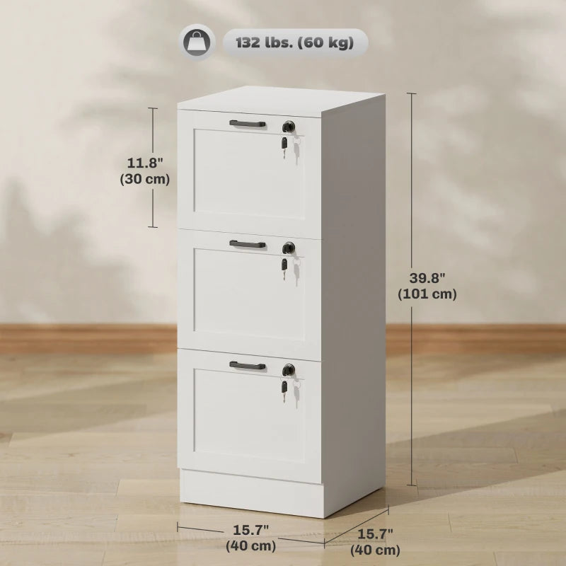 Vertical Filing Cabinet with 3 Drawers, Lock, File Cabinet for Home Office, A4 and Letter Size Files, White