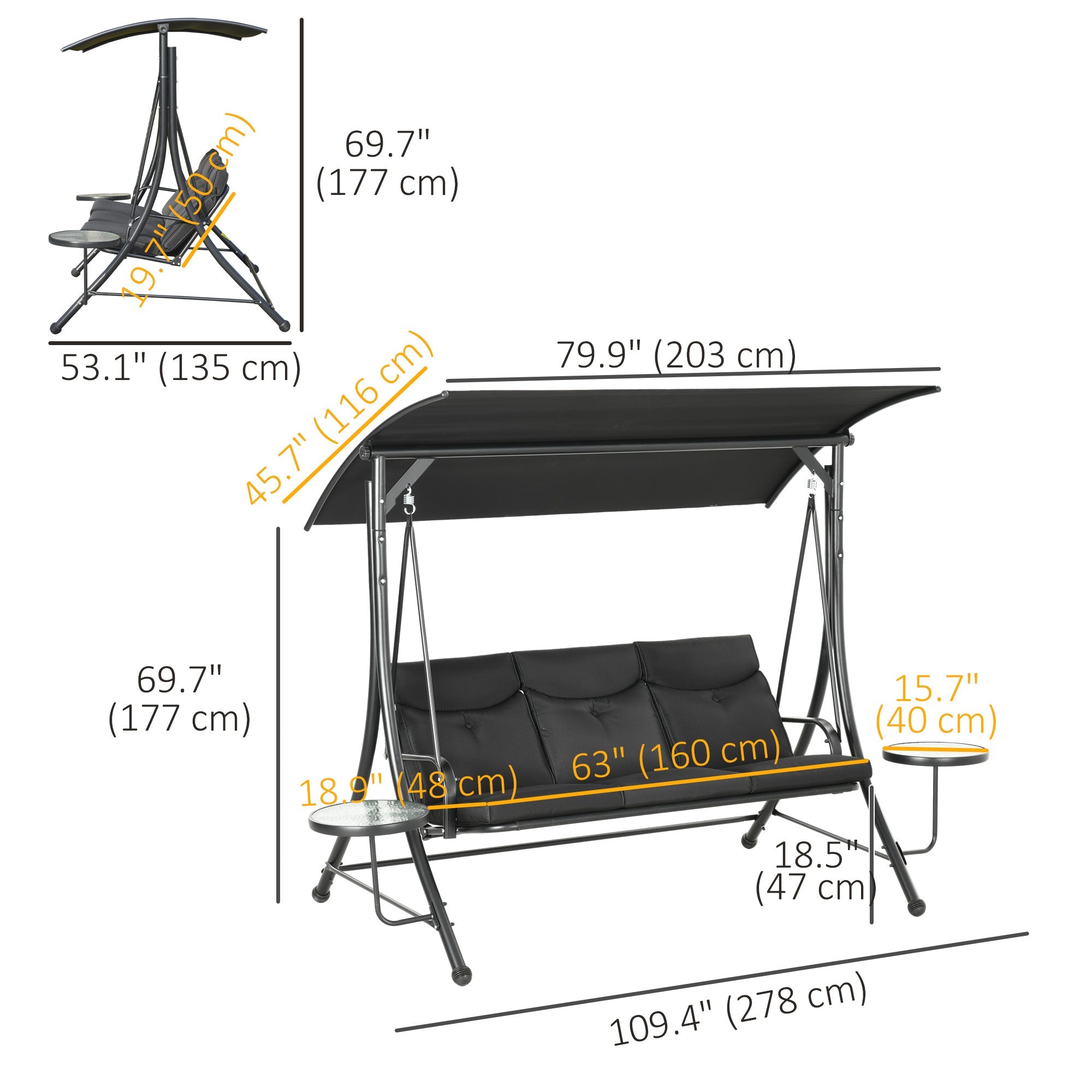 Outsunny 3 Seat Outdoor Swing Bench with Adjustable Canopy Coffee Table Cushions for Patio Garden Black