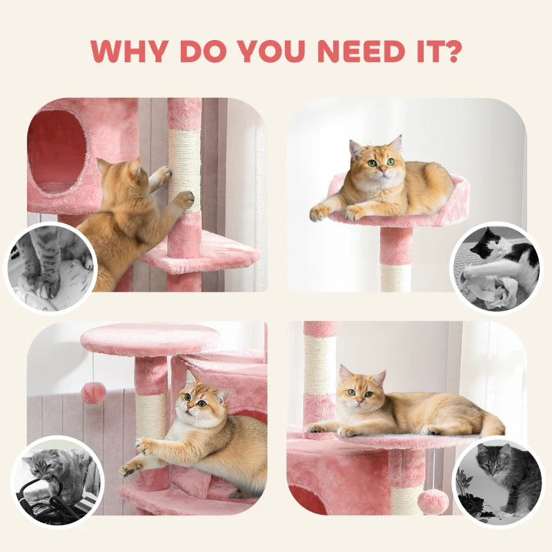 62" Cat Tree with Scratching Post, 2 Condos, Hammock, Perches, Plush, Pompoms, for Indoor Cats, Pink