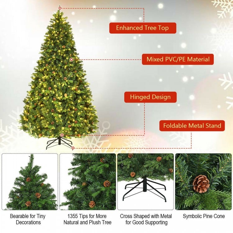 Flocked Artificial Christmas Tree with LED Lights and Pine Cones-8 ft