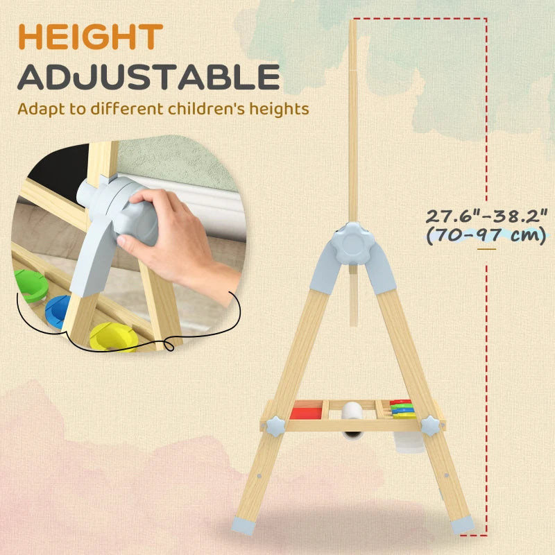 Qaba Wooden Art Easel, Double Sided Kids Easel with Height Adjustable Chalkboard and Magnetic Whiteboard, Natural