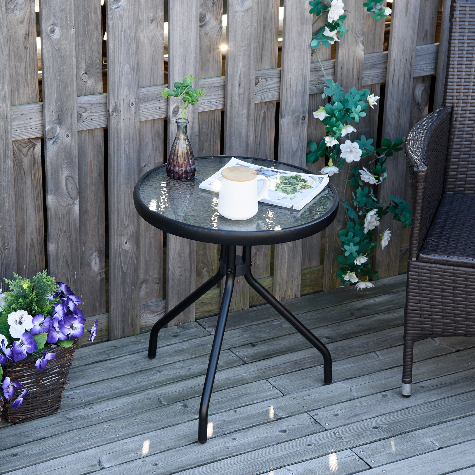 Outsunny Round Outdoor End Table 20" Patio Side Table Tempered Glass Top for Garden Balcony Poolside Black