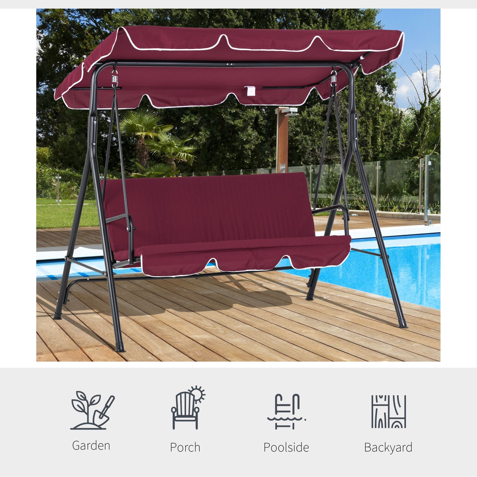 Outsunny Meatal 3-Seater Outdoor Porch Swing with Stand Cushioned Garden Lounger Patio Hammock with Frame and Canopy, Wine Red