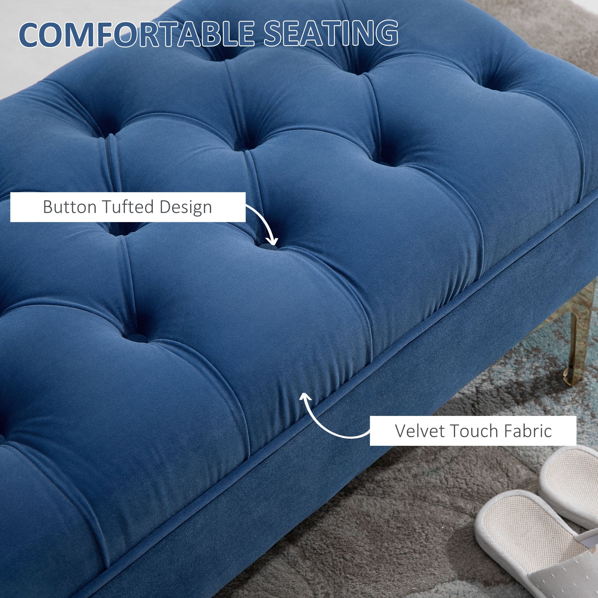 HOMCOM Velvet Upholstered Bench Button Tufted End of Bed Entryway Shoe Storage for Living Room Bedroom Decor Blue