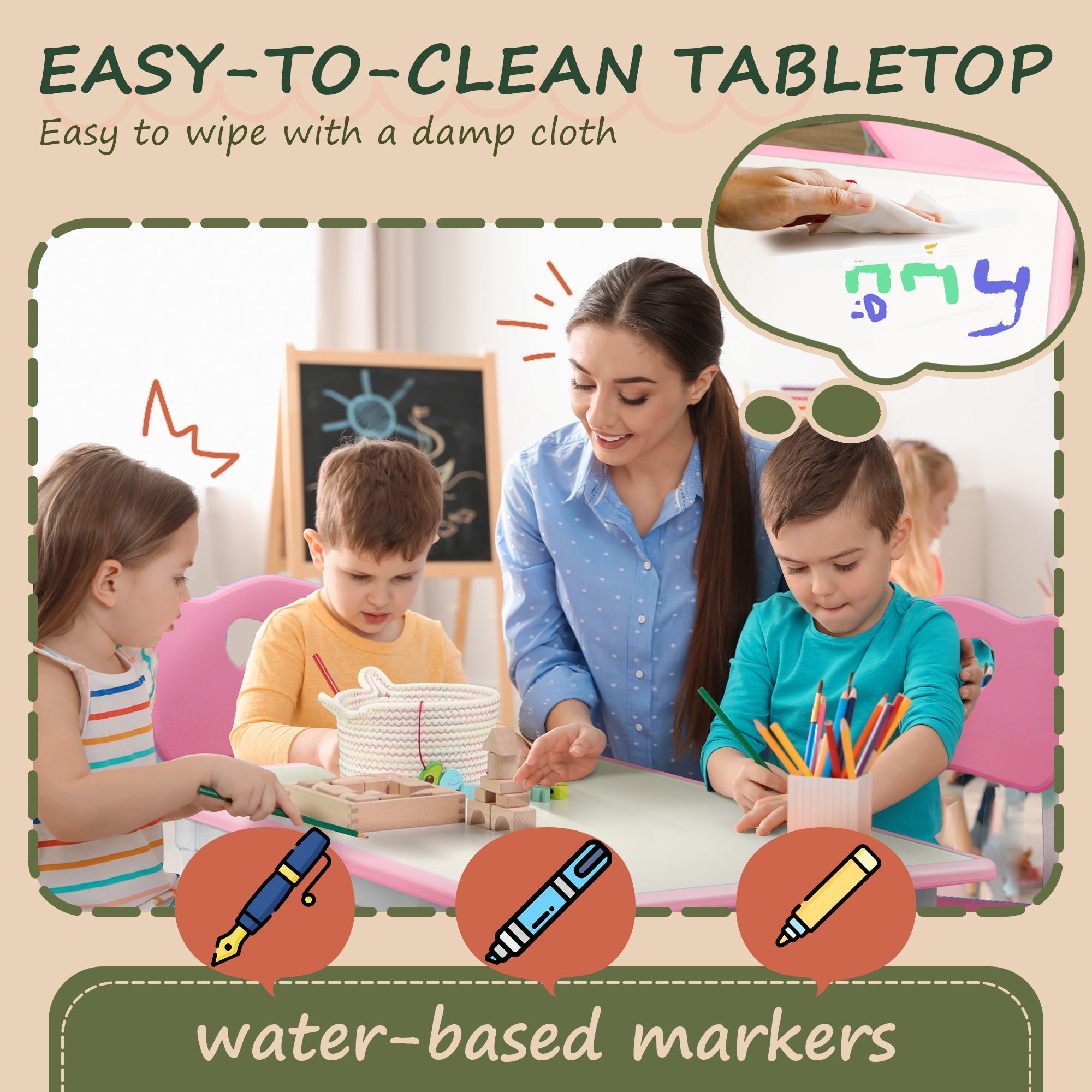 Qaba Kids Table & 4 Chair Set: Adjustable Height, Durable, Easy Clean for Toddlers in Pink