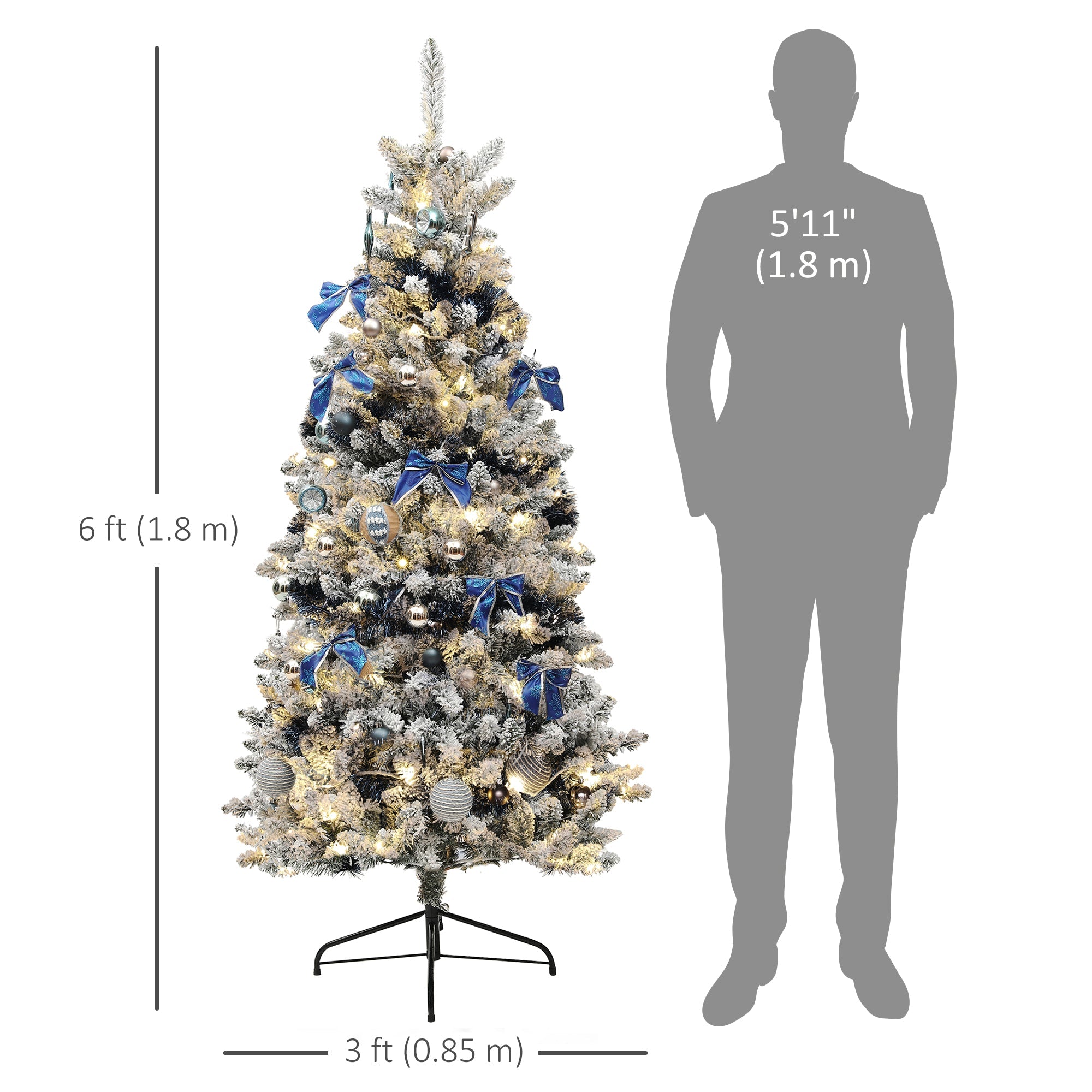 HOMCOM 6ft Prelit Artificial Christmas Tree with Blue Ornaments, Flocked Christmas Tree with LED Lights for Home Office