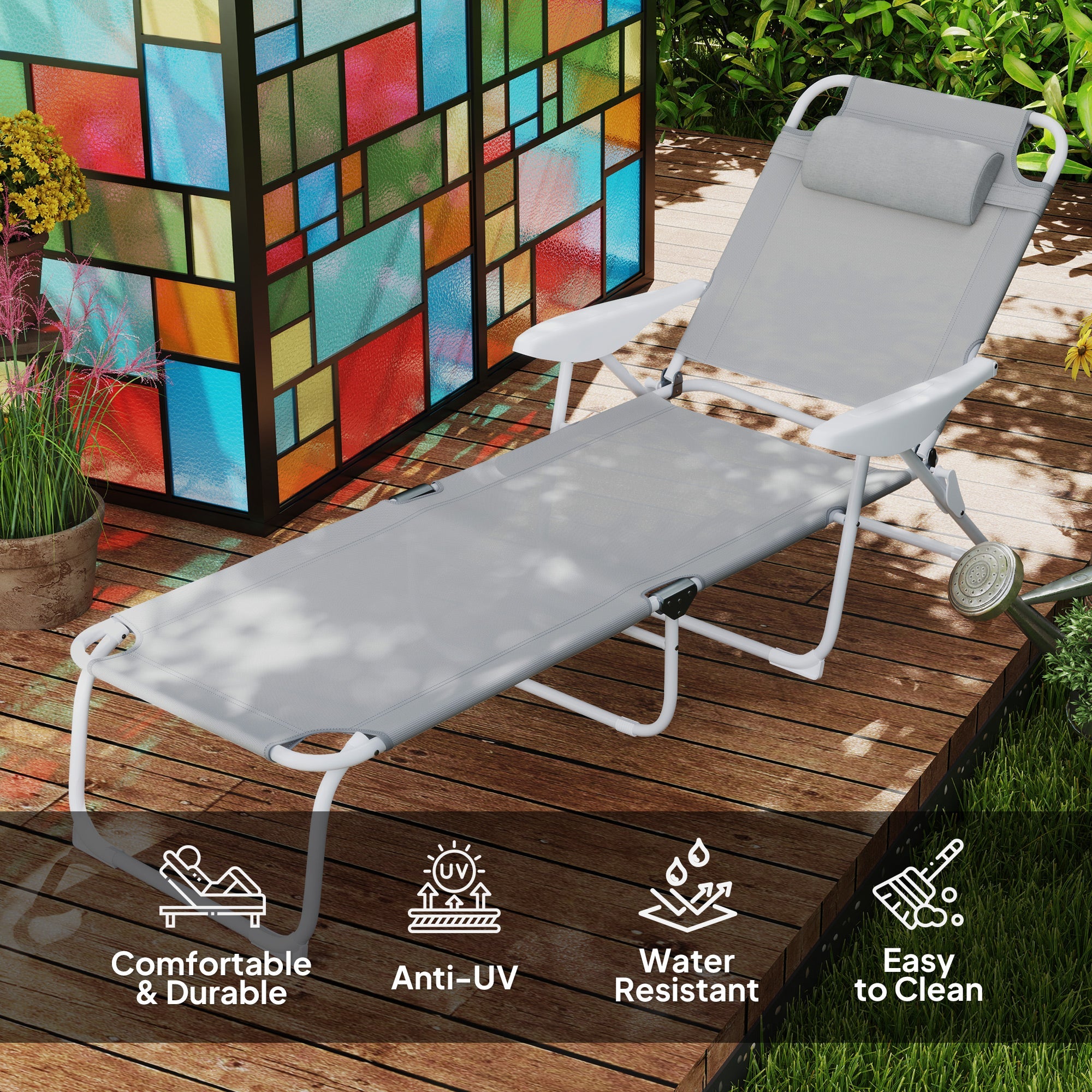 Outsunny Outdoor Sun Lounger, Folding Chaise Lounge with 4-level Adjustable Backrest, Light Grey