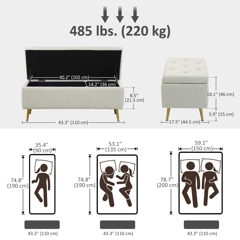Storage Ottoman Bench, 43 Inch Large Storage Chest with Steel Legs and Padded Seat, Foot Rest, Load 485 lbs, Beige