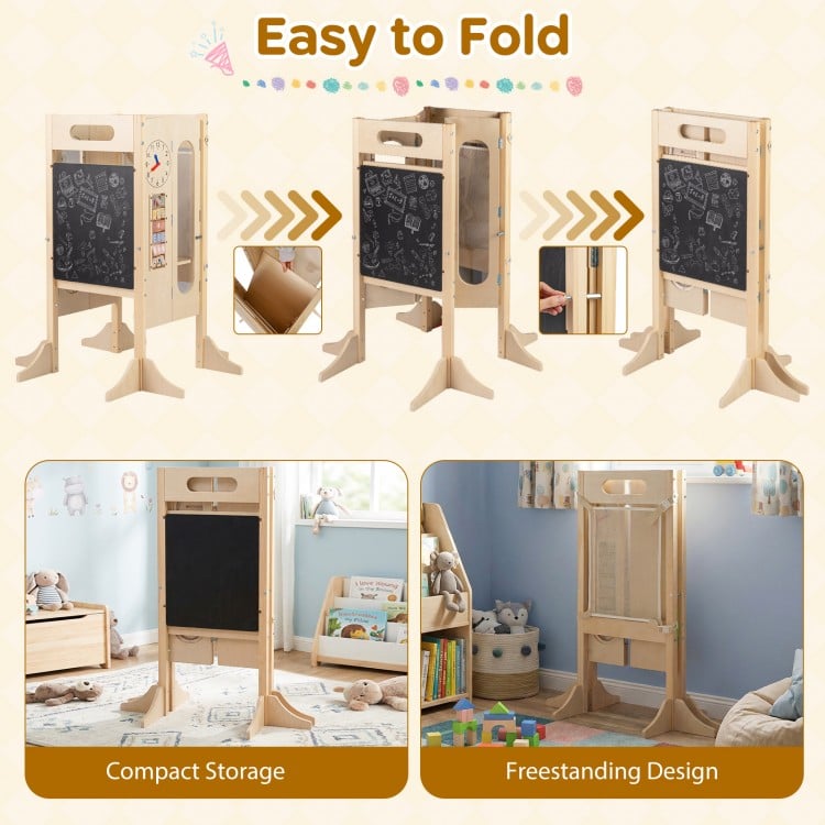 Foldable Toddler Tower with 2-Step Stool and Safety Net for 3+ Years Old