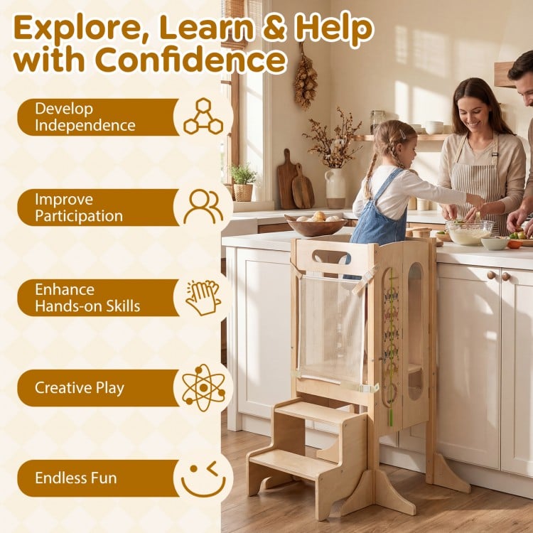 Foldable Toddler Tower with 2-Step Stool and Safety Net for 3+ Years Old