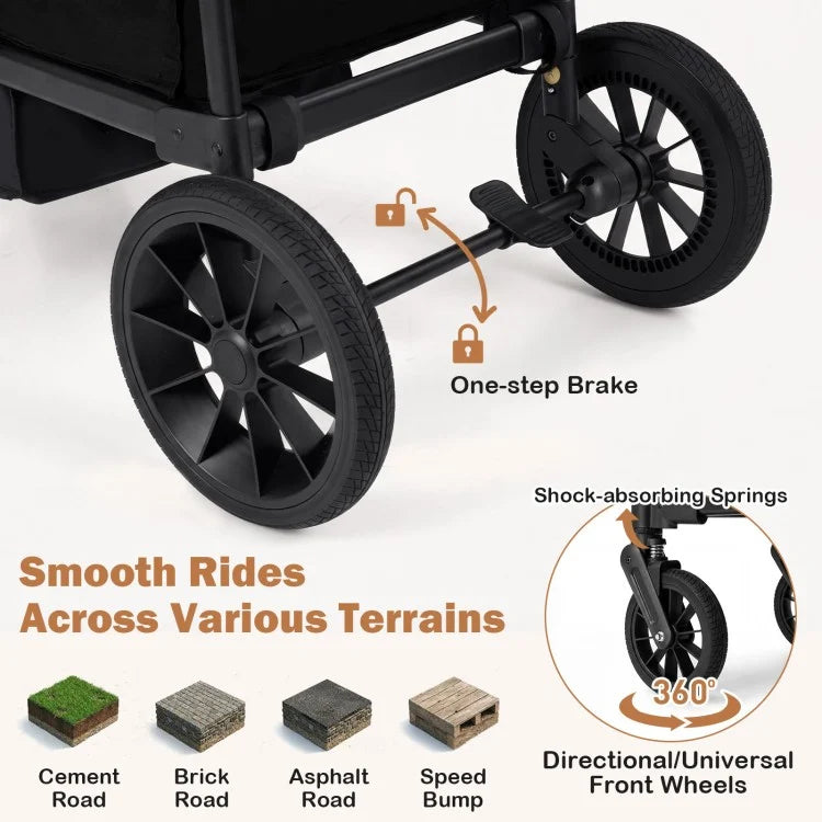 Foldable Wagon Stroller for 2 Kids – Double Seater Push & Pull with Canopy (Black/Gray)
