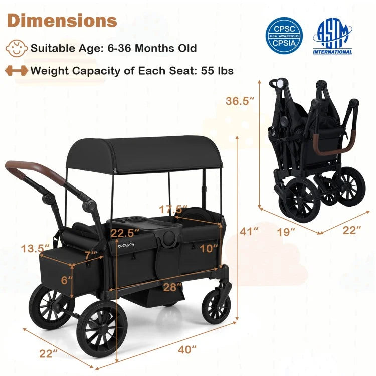 Foldable Wagon Stroller for 2 Kids – Double Seater Push & Pull with Canopy (Black/Gray)