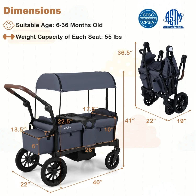 Foldable Wagon Stroller for 2 Kids – Double Seater Push & Pull with Canopy (Black/Gray)