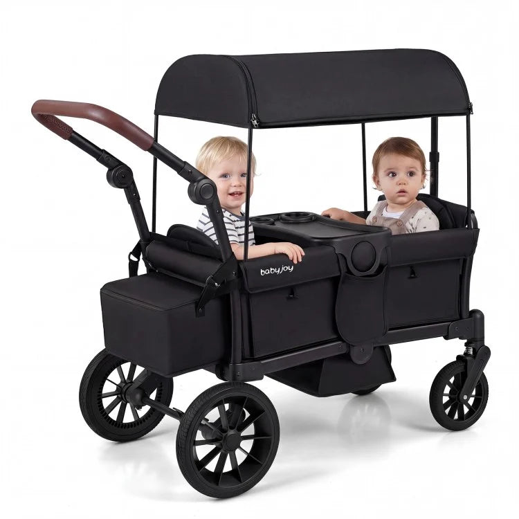 Foldable Wagon Stroller for 2 Kids – Double Seater Push & Pull with Canopy (Black/Gray)