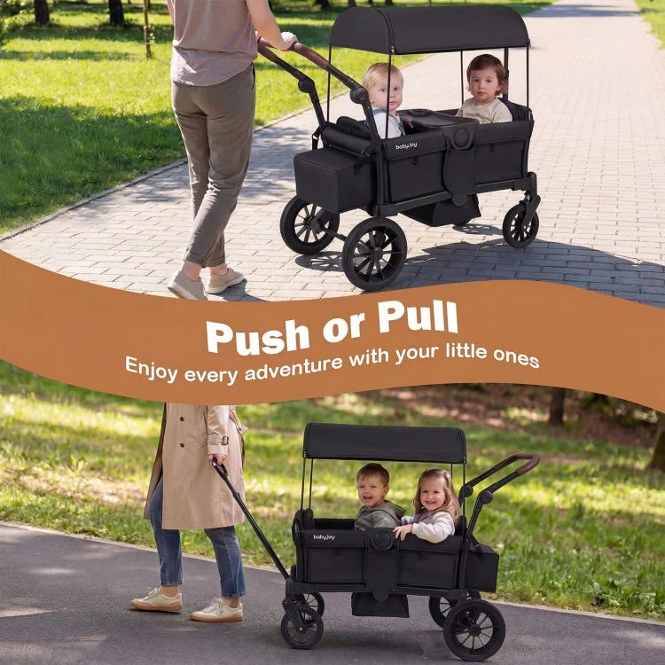 Foldable Wagon Stroller for 2 Kids – Double Seater Push & Pull with Canopy (Black/Gray)