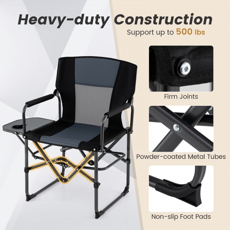 Folding Camping Chair with Side Table and Cup Holder with Carrying Bag-Black & Gray