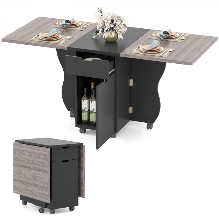 Folding Dining Table 3-in-1 Space-Saving Drop Leaf Kitchen Table with Lockable Wheels-Black