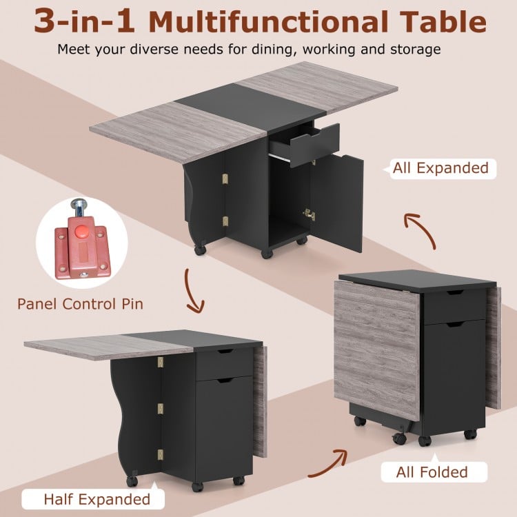Folding Dining Table 3-in-1 Space-Saving Drop Leaf Kitchen Table with Lockable Wheels-Black
