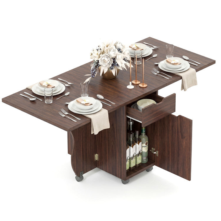 3-in-1 Folding Dining Table with Storage Drawers & Cabinets, Drop Leaf Kitchen Table with Lockable Wheels