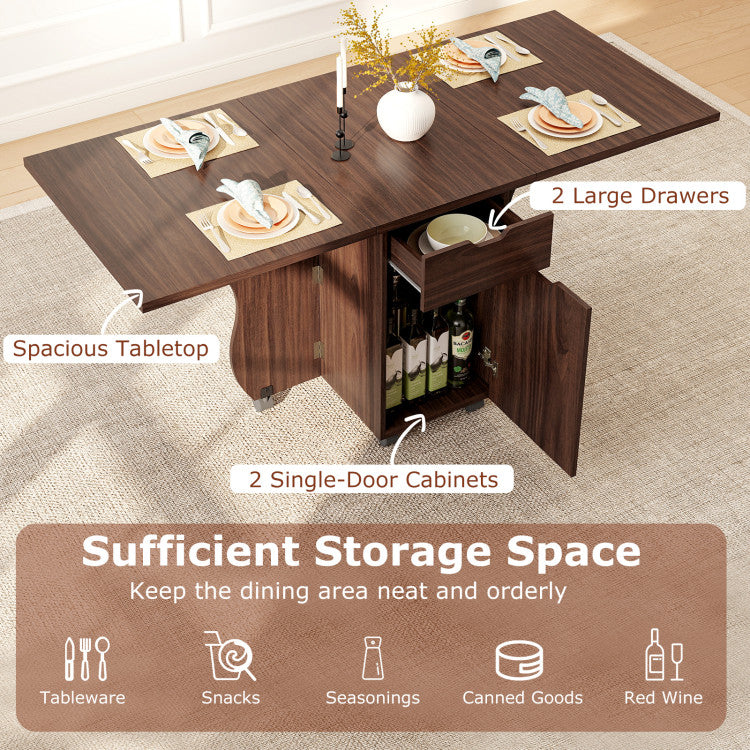3-in-1 Folding Dining Table with Storage Drawers & Cabinets, Drop Leaf Kitchen Table with Lockable Wheels